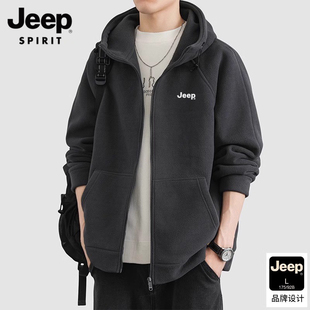 JEEP SPIRIT双面摇粒绒连帽开衫卫衣男款秋冬季加绒加厚夹克外套