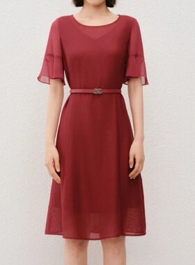 卡迪黛尔正品轻礼服春夏款醋酸优雅红色短袖A字连衣裙子CF04313A8