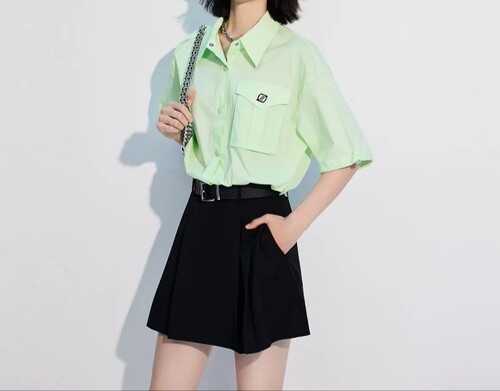 包邮仿佛正品商场同款夏季衬衫女小个子工装风短款上衣FE00870H2