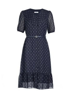 珂思正品国内代购印花收腰设计中长款短袖茶歇连衣裙子EF03065Q7