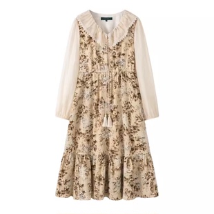 菀草壹正品国内代2024秋新款连衣裙淑女裙印花a字大摆裙Q04611439