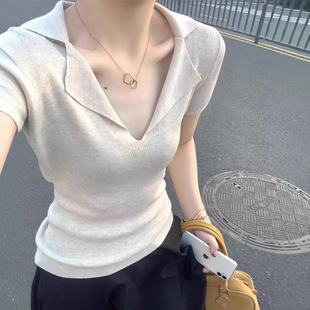 翻领冰丝针织polo衫 现货法式 t恤2025夏季 v领老钱风短袖 女正肩修身