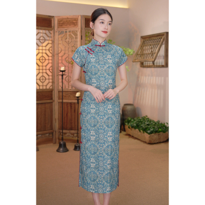 良辰媄锦【釉里红】青花瓷旗袍日常古法全开襟单层夏季中长款裙女