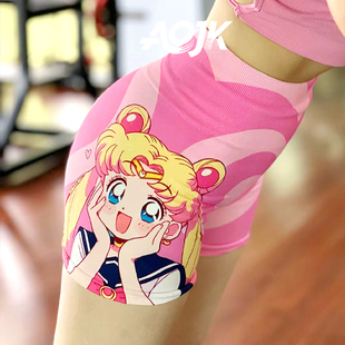 粉色爱心印花运动瑜伽健身服短裤女高腰提臀收腹训练短裤三分可爱