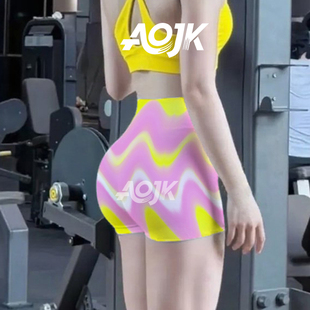 夏季透气提臀瑜伽短裤高腰三分裤运动健身花短裤外穿多巴胺色印花