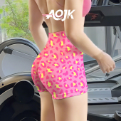 性感 高腰提臀透气跑步紧身短裤 芭比粉豹纹瑜伽裤 运动健身训练短裤