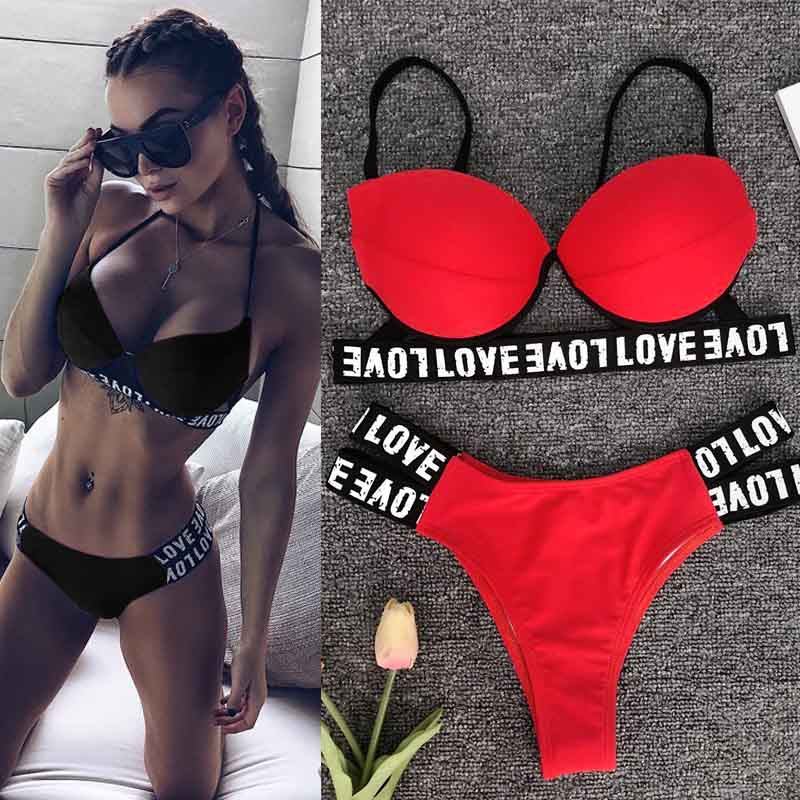 2022性感印花英文字母比基尼带钢托黑色运动分体游泳衣三点式红色