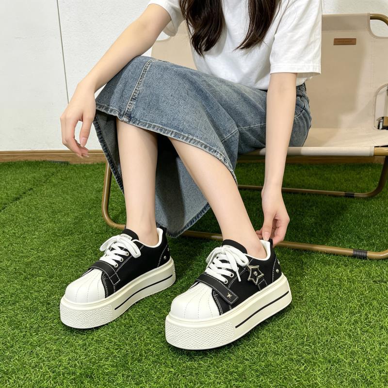 黑色柳钉厚底帆布鞋女星星板鞋小个子休闲鞋不累脚软底显高厚底鞋