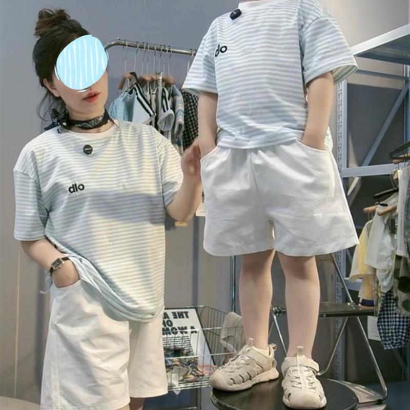 儿童两件套短裤上衣纯色条纹男女百搭套装潮流宝亲子夏季韩版