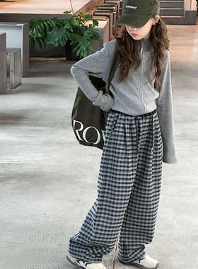 亲子装女童春秋款灰色拉链开衫上衣弯刀格子裤中大童秋季休闲