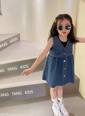 女童春夏新款连衣裙牛仔裙儿童洋气公主裙童装宝百搭休背带裙无袖