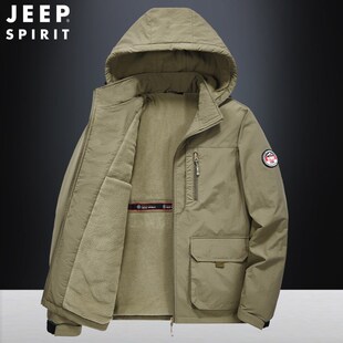 吉普JEEP夹克男中年宽松大码秋冬加绒户外防水冲锋衣多兜工装外套