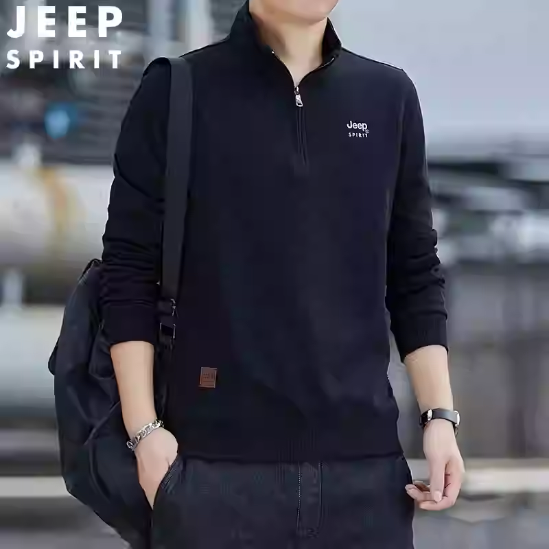 JEEP吉普纯棉卫衣男春秋新款半拉链立领长袖t恤休闲宽松时尚上衣