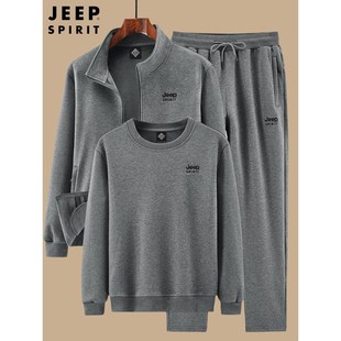 吉普春秋纯棉运动套装男冬季老年人爸爸休闲运动服加绒加厚三件套