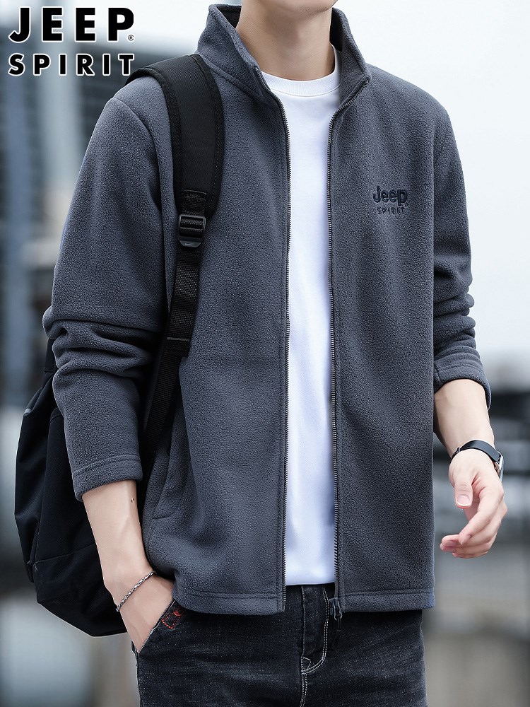 吉普男士外套秋冬新款开衫卫衣宽松大码男装摇粒绒立领夹克抓绒衣