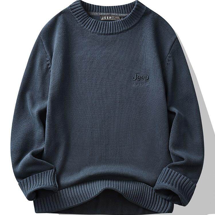 吉普圆领针织衫男士春秋款纯棉保暖毛线衣内搭套头打底衫男装上衣