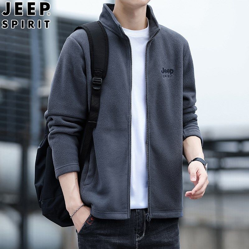 JEEP吉普男士开衫卫衣休闲立领加绒外套秋冬季加厚款保暖摇拉绒