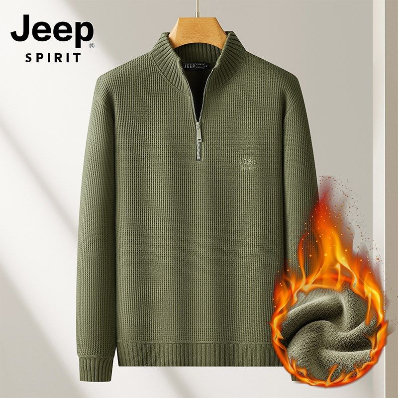JEEP吉普半拉链半高领毛衣男秋冬新款纯棉加绒加厚外套立领针织衫