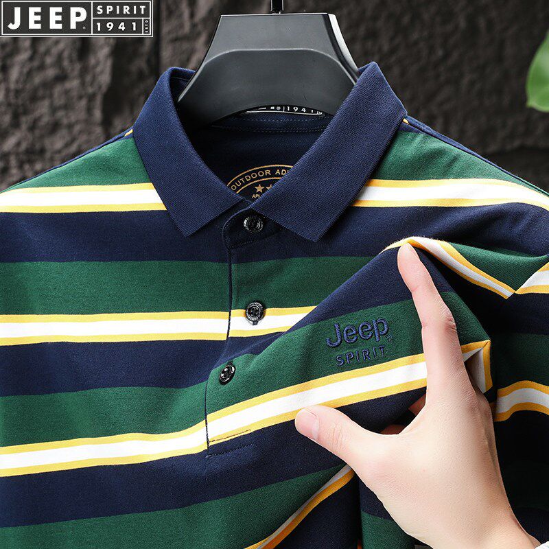吉普短袖t恤男2026夏季新款纯棉条纹翻领休闲POLO衫大码爸爸上衣