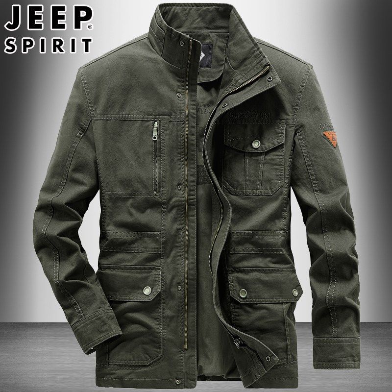 JEEP吉普中长款夹克男士纯棉中年秋季工装多口袋宽松大码休闲外套