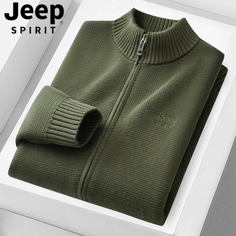 吉普纯棉毛衣男款秋冬季打底针织衫长袖男士半高领开衫军绿色毛衣