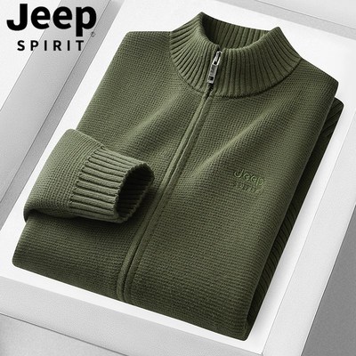 吉普纯棉毛衣男款秋冬季打底针织衫长袖男士半高领开衫军绿色毛衣