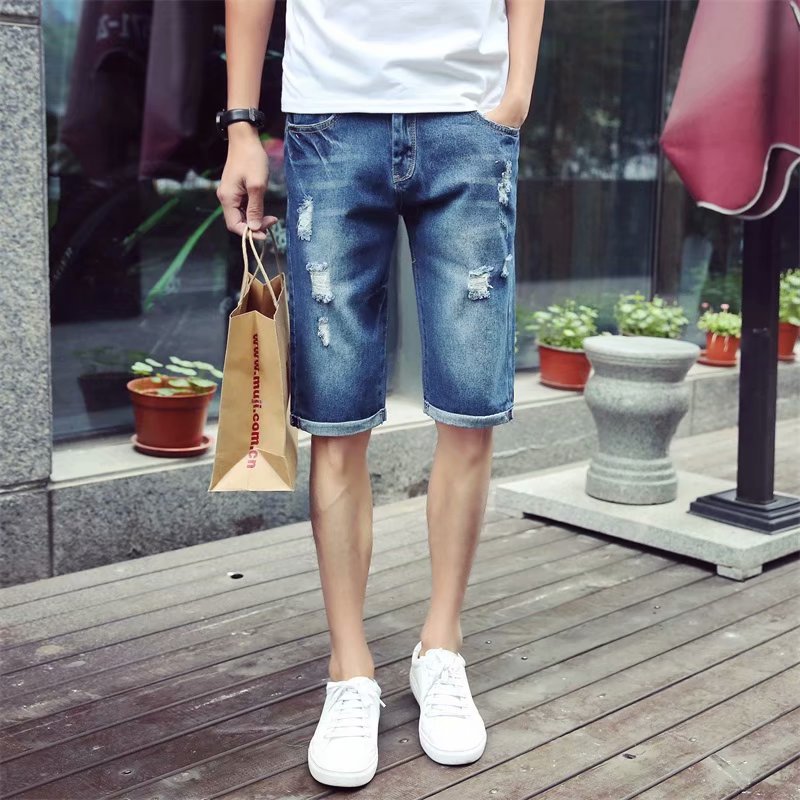 ins休闲牛仔短裤男潮夏外穿破洞宽松直筒五分裤男装潮牌韩版潮流