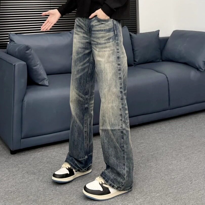 美式复古水洗竹节纹弯刀牛仔裤女春秋款高街设计感宽松显瘦阔腿裤