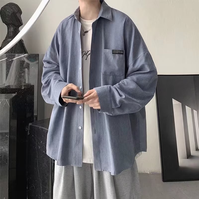 2025春夏男士翻领长袖衬衫男港风宽松休闲衬衣设计感街头嘻哈潮牌