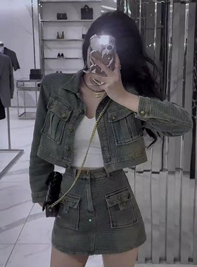 春秋新款复古港风牛仔套装女