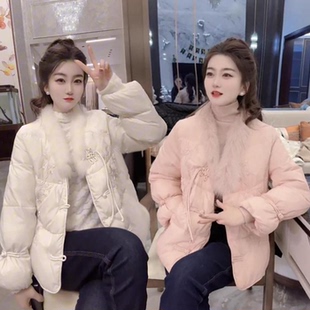 宽松显瘦轻薄国潮二棉保暖棉衣外套 新款 新中式 风毛领棉服女冬季