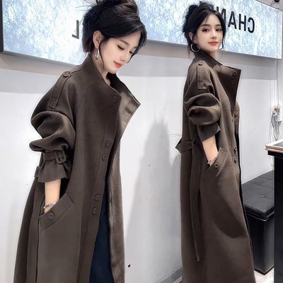 轻职气质中长款风衣毛呢外套女