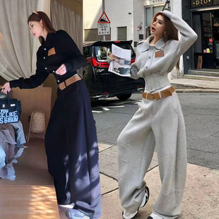 时髦休闲运动套装女春秋季新款个性收腰外套阔腿弯刀裤时尚一整套