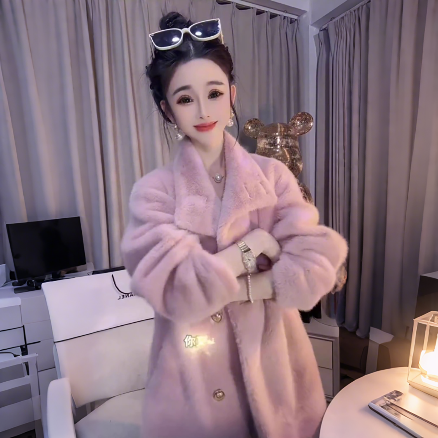 韩版时尚中长款仿皮草貂皮大衣女2025冬新款外套立领毛毛粉色风衣,女装/女士精品,皮草,淘宝优惠券,粉丝福利购,淘宝优惠卷