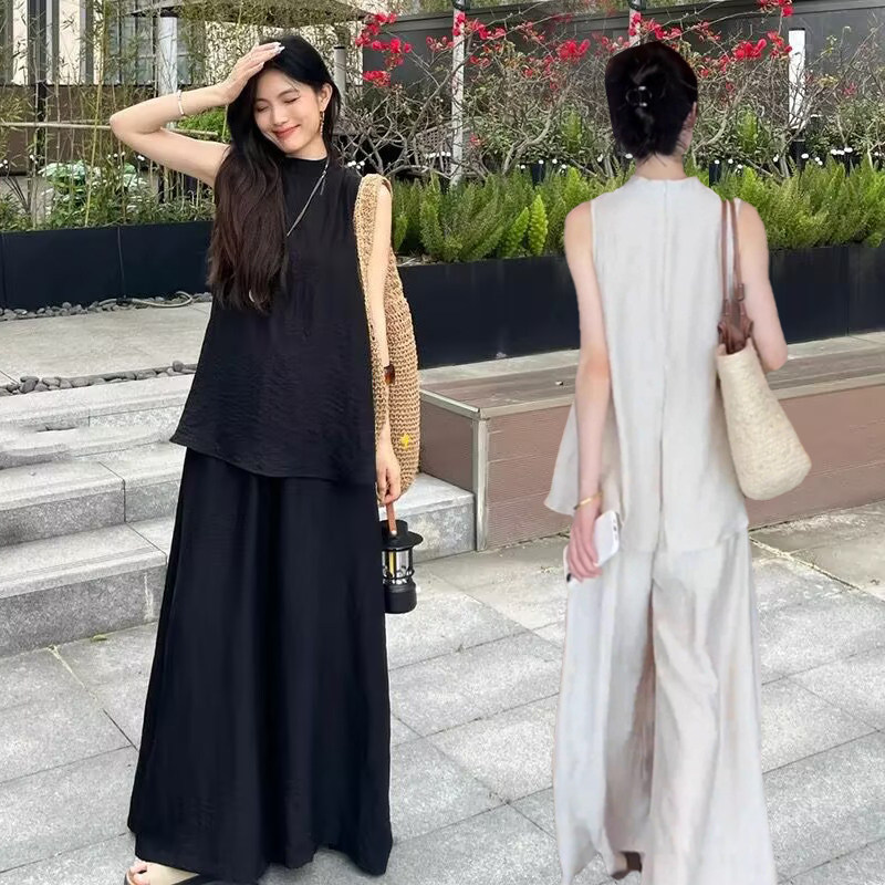 2025夏季新款老钱风套装女宽松遮肉显瘦套头简约无袖上衣+阔腿裤