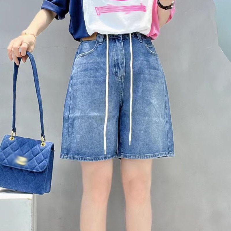 欧洲站2023春秋新款韩版高腰水洗牛仔中裤女修身蓝色系带阔腿短裤