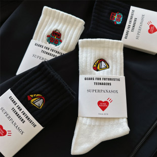 高端男士 袜子纯色棉中筒袜白色长袜韩国卡通刺绣透气运动袜潮袜男