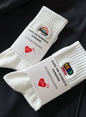 秋款男士袜子纯色棉中筒袜白色INS刺绣运动防臭长袜吸汗透气百搭