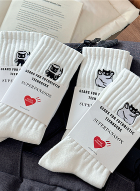 袜子男生纯色棉中筒袜2025新款长袜薄款女袜白色情侣百搭猫咪刺绣