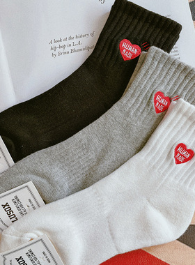 3双袜子男女士春夏季纯棉短筒袜毛巾底运动中短袜INS小爱心情侣袜