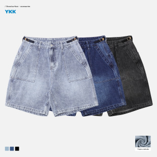 牛仔中裤 四分马裤 男士 日系工装 高腰深蓝前贴袋五分牛仔短裤 夏季