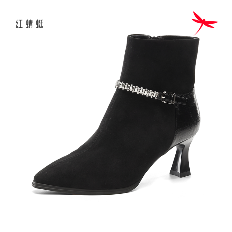红蜻蜓商场同款法式水钻尖头短靴