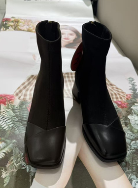 红蜻蜓女靴2025冬新款瘦瘦靴加绒方头粗跟真皮女短靴 CD63006021H