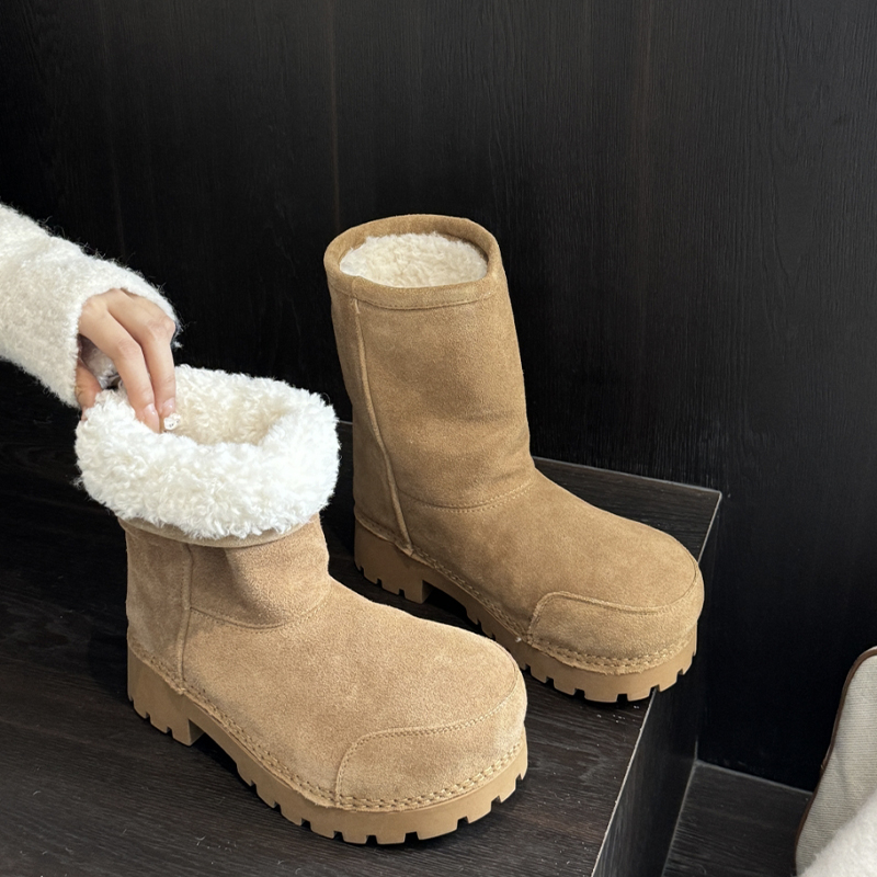 真皮巴黎大头雪地靴2024冬季新款厚底增高棉鞋加厚保暖中底筒靴子