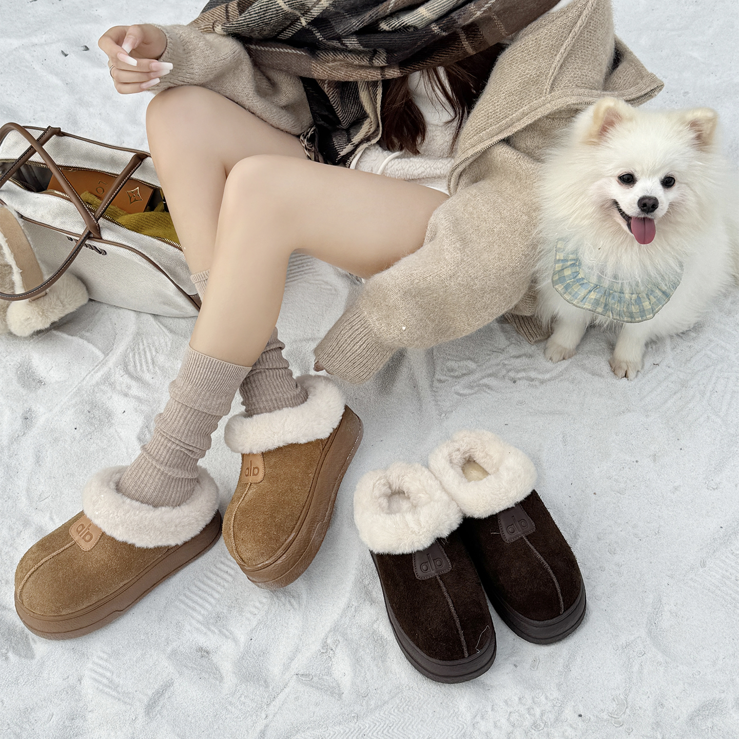 大头丑萌包头雪地靴女2025冬季新款厚底真皮半拖鞋加绒加厚棉鞋子