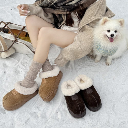 大头丑萌包头雪地靴女2025冬季新款厚底真皮半拖鞋加绒加厚棉鞋子