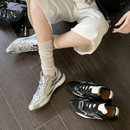 尖头网面芭蕾拳击鞋女2025秋季新款厚底银色复古运动休闲鞋单鞋