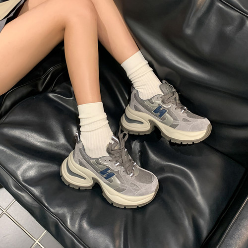 2024春季新款韩版复古增高厚底老爹鞋撞色字母运动休闲鞋女6cm跟