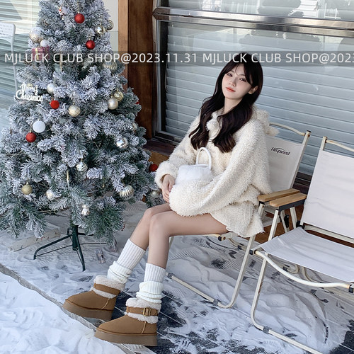 2023冬季新款皮带扣雪地靴女厚底短靴加厚羊羔绒毛毛靴保暖棉鞋