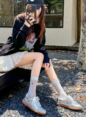 牛皮版银色德训鞋女2024新款韩版镂空透气软底休闲鞋复古百搭板鞋